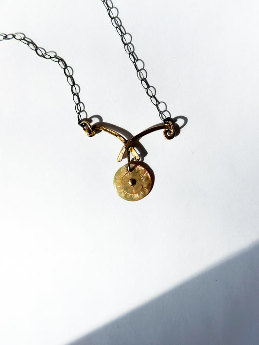 JADEWATER DESIGN | Antique White Carved Button with Gold Center on Curved Gold Handles