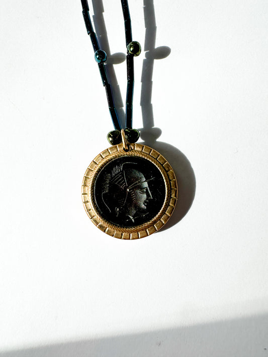 JADEWATER DESIGN | Antique Carved Obsidian Repurposed Cufflink on Beaded Chain