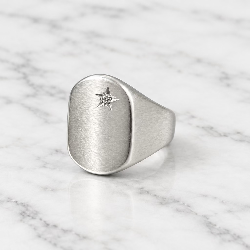 SONJA FRIES | Sterling Silver Signet Ring W/ Inlaid Diamond