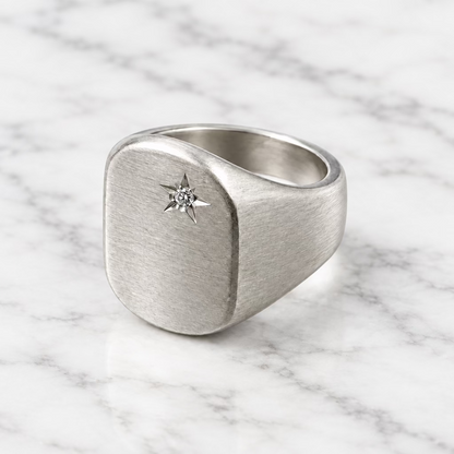 SONJA FRIES | Sterling Silver Signet Ring W/ Inlaid Diamond