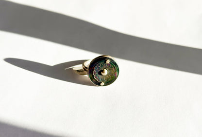 JADEWATER DESIGN | Dark Abalone Ring with Two Rivets and Silver Ball