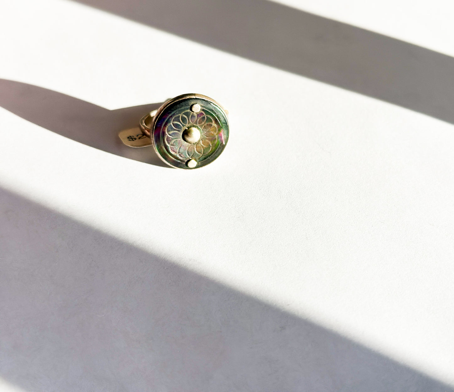 JADEWATER DESIGN | Dark Abalone Ring with Two Rivets and Silver Ball