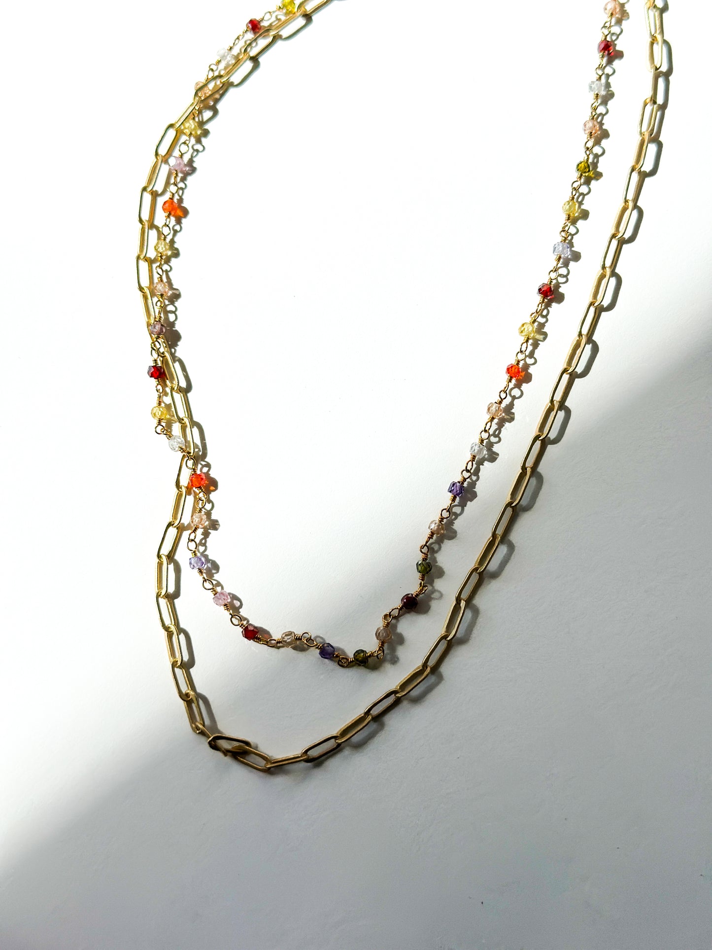 ROBIN HALEY | 14K Gold Plated Paperclip Chain layered with Multicolored Gemstone