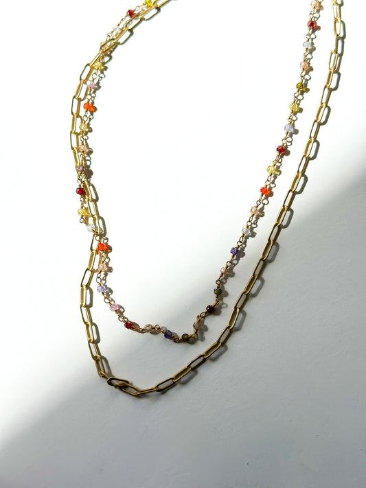 ROBIN HALEY | 14K Gold Plated Paperclip Chain layered with Multicolored Gemstone