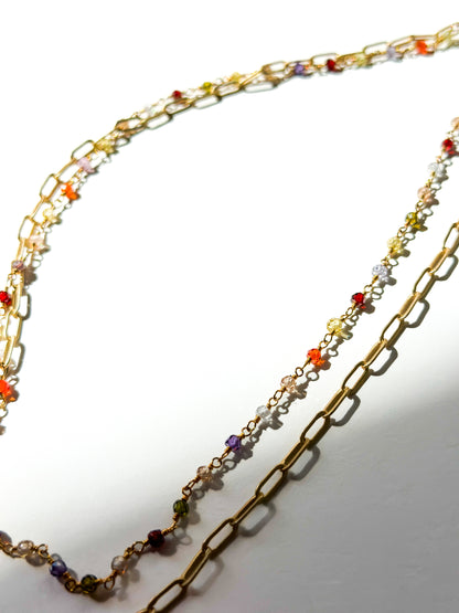 ROBIN HALEY | 14K Gold Plated Paperclip Chain layered with Multicolored Gemstone