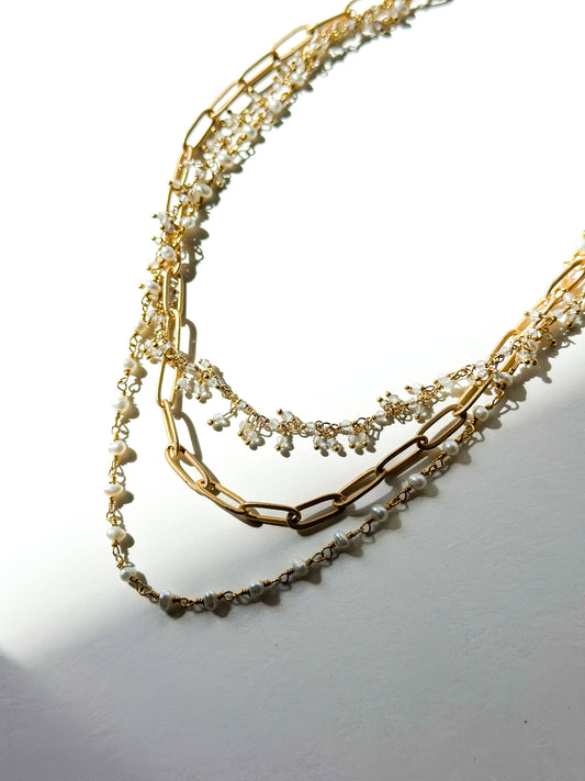 ROBIN HALEY | 14K Gold Plated Triple Paperclip Chain w/ Pearl and Labradorite