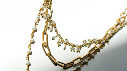 ROBIN HALEY | 14K Gold Plated Triple Paperclip Chain w/ Pearl and Labradorite