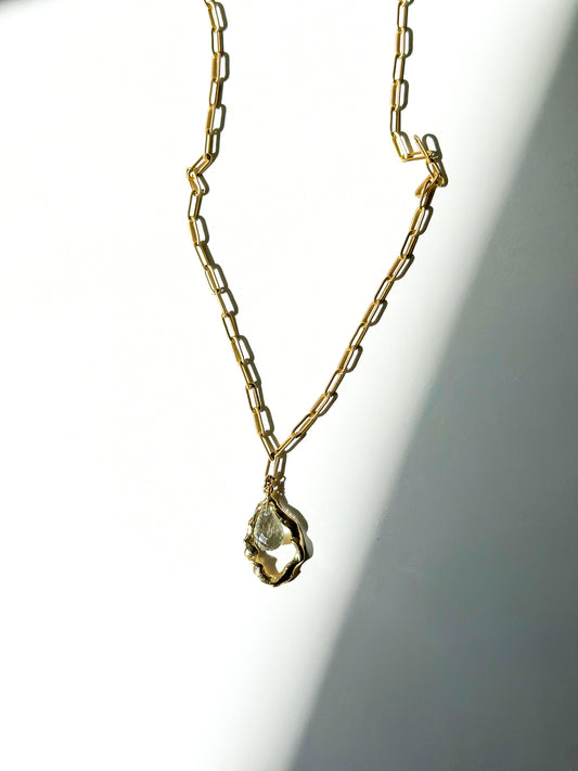 ROBIN HALEY | 14K Gold Plated Paperclip Chain w/ Handmade twist & Green Amethyst Center