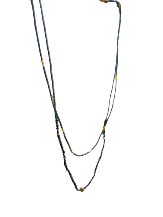 DEBBIE FISHER | Grey Seed, Gold Vermeil and Black Spinel Beads with Gold Fill Clasp Double Necklace