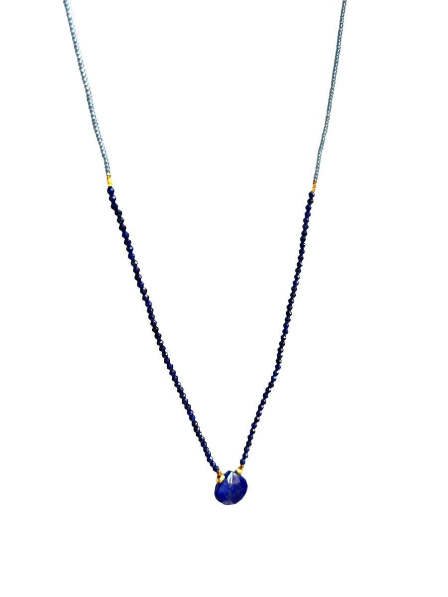 Debbie Fisher | Grey Seed, Gold Vermeil, and Lapis Beads with Gold Fill clasp Necklace