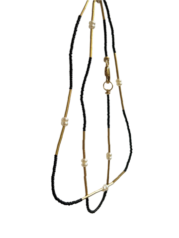 Debbie Fisher | Black Seed, Gold Fill and White Pearl Necklace