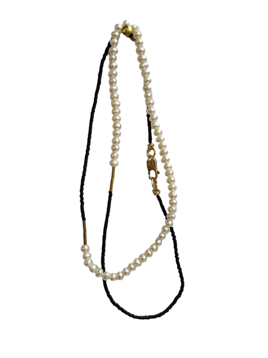 DEBBIE FISHER | Black Seed, Gold Fill and White Pearl Choker Necklace