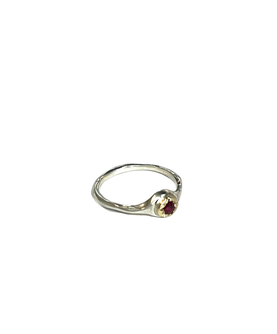 SONJA FRIES | Sterling Silver Ring with 10k Halo and Ruby Stone