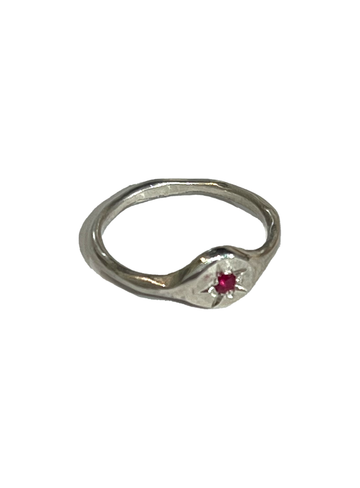 SONJA FRIES | Sterling Silver Text Ring with Ruby and Colored Diamonds