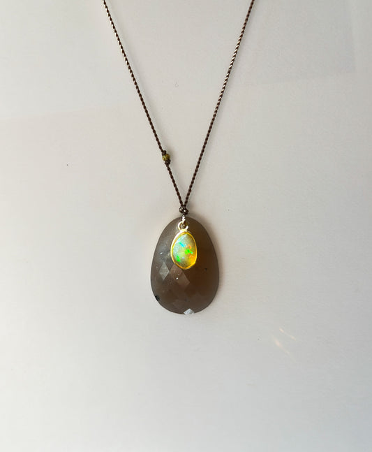MARGARET SOLOW | Peach Moonstone and Opal 18k Necklace