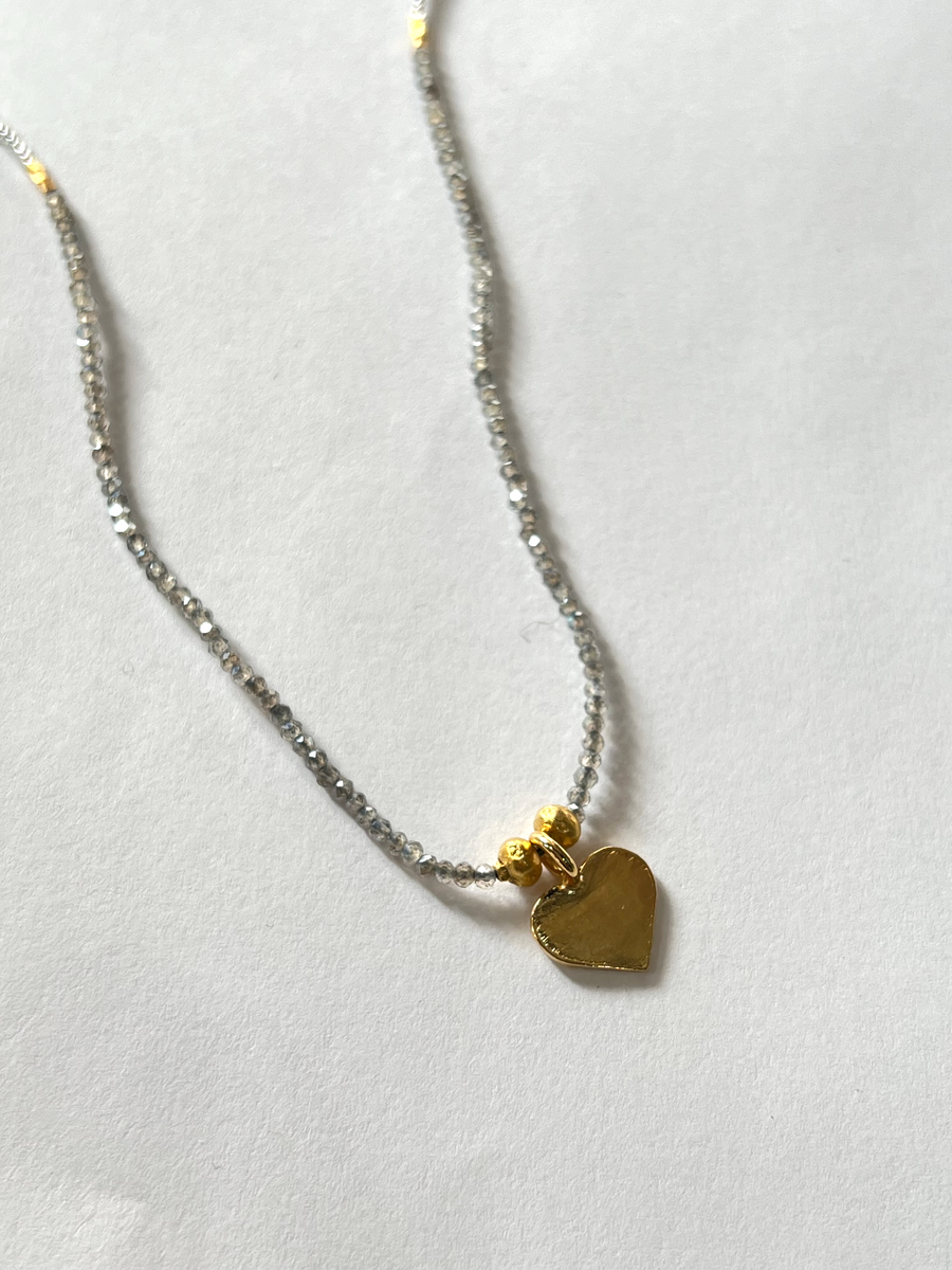 Debbie Fisher | Clear Seed Gold Vermeil and Mystic Labradorite w/ Heart Charm Necklace