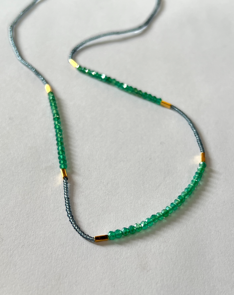 Debbie Fisher | Grey Glass, Gold Vermeil and Green Onyx Beads Necklace