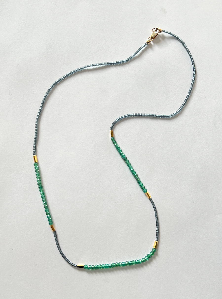 Debbie Fisher | Grey Glass, Gold Vermeil and Green Onyx Beads Necklace