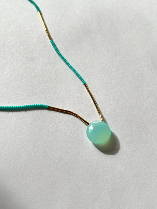 DEBBIE FISHER | Turquoise Seed, Gold Fill Beads and Blue Chalcendony Drop Necklace
