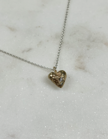 SONJA FRIES | Sterling Silver Necklace with 10K Yellow Gold Heart Pendant and Single Diamond