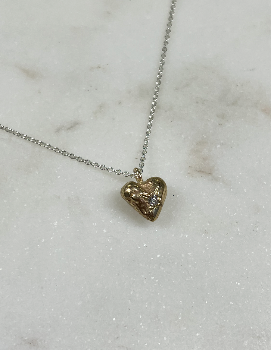 Sonja Fries | Sterling Silver Necklace w/ 10K Yellow Gold Heart Pendant and Single Diamond