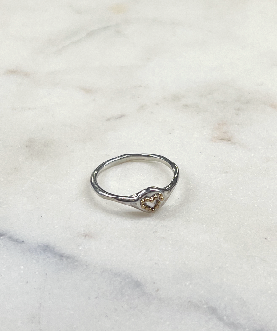 SONJA FRIES |  Sterling Silver Ring with 14K Gold Heart Beads