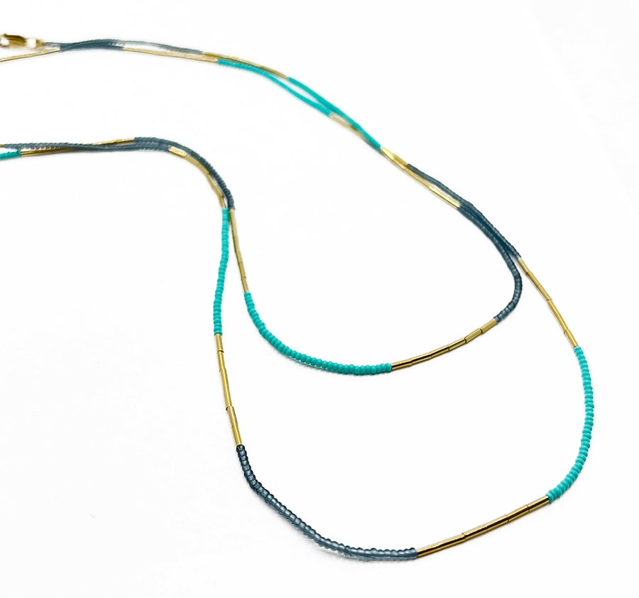 Blue Seed Bead Necklace with Gold Fill