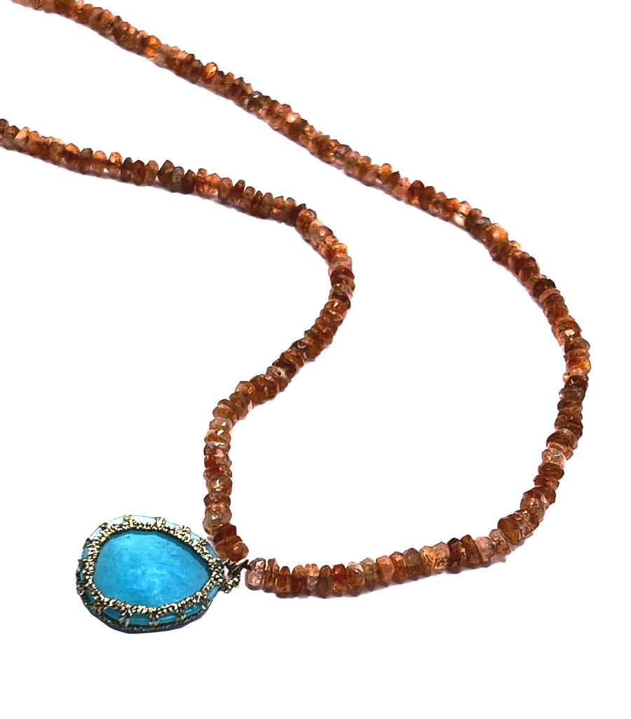 DANIELLE WELMOND | Caged Amazonite w/ Gold Cord on Sunstone Strand Necklace