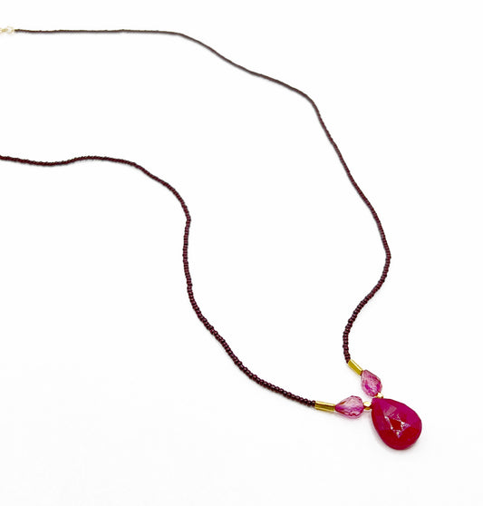 DEBBIE FISHER | Seed Beads w/ Pink Topaz and Ruby Drop Necklace