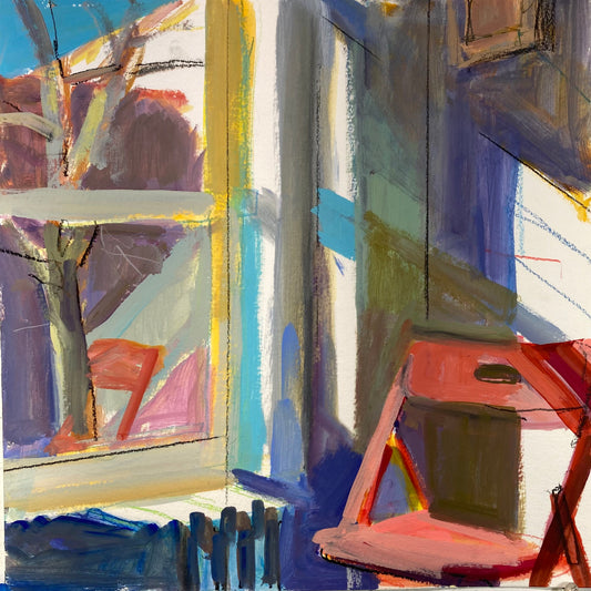 Red Chair in Sun, Framed by Janet Pedersen