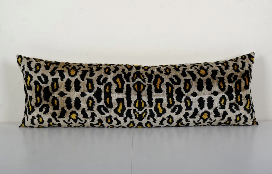 Leopard Ikat Velvet Bedding Pillow, Silk Long Lumbar Cushion | 15 x 45