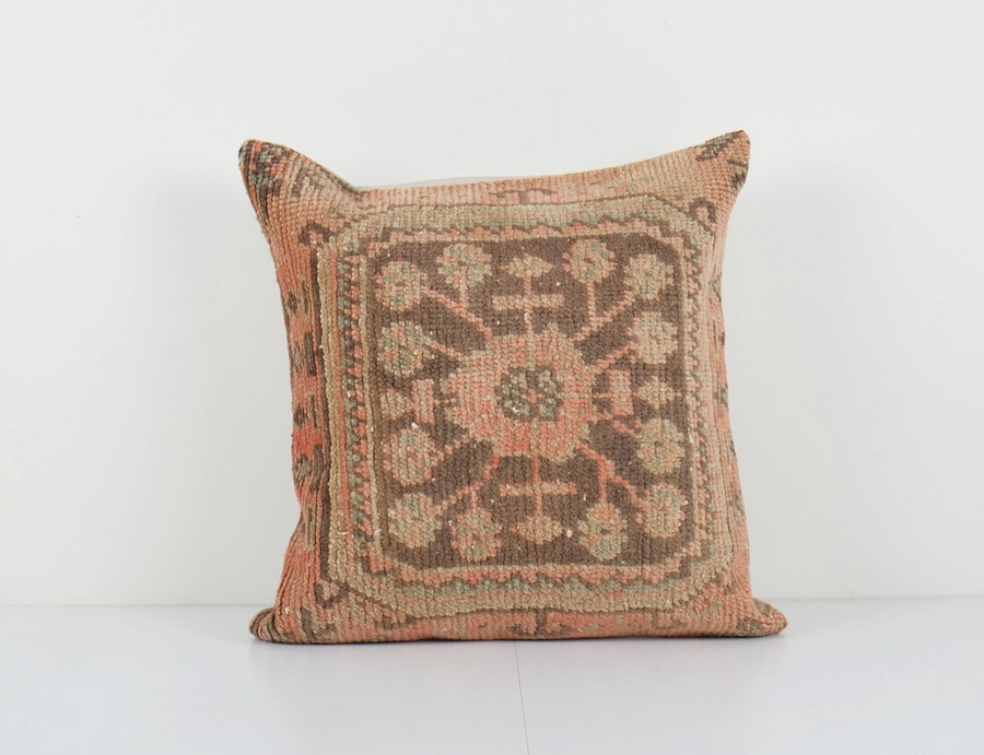 Muted Faded Carpet Rug Pillow, Square Turkish Yastik | 24 x 24