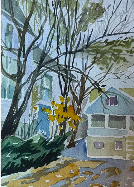 Yellow Leaves with Blue House, Framed by Susan Greenstein
