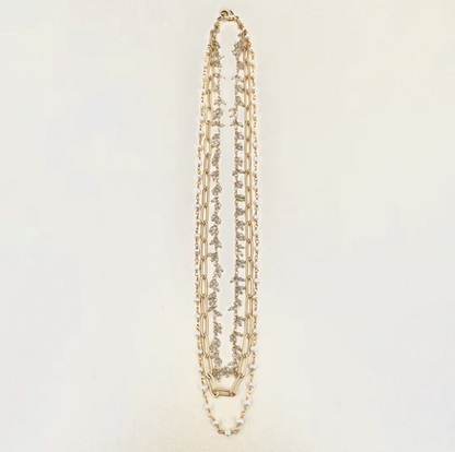 ROBIN HALEY | 14K Gold Plated Triple Paperclip Chain w/ Pearl and Labradorite