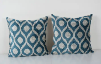 Blue Ikat Velvet Pillow Cover Turkish Polka Dot