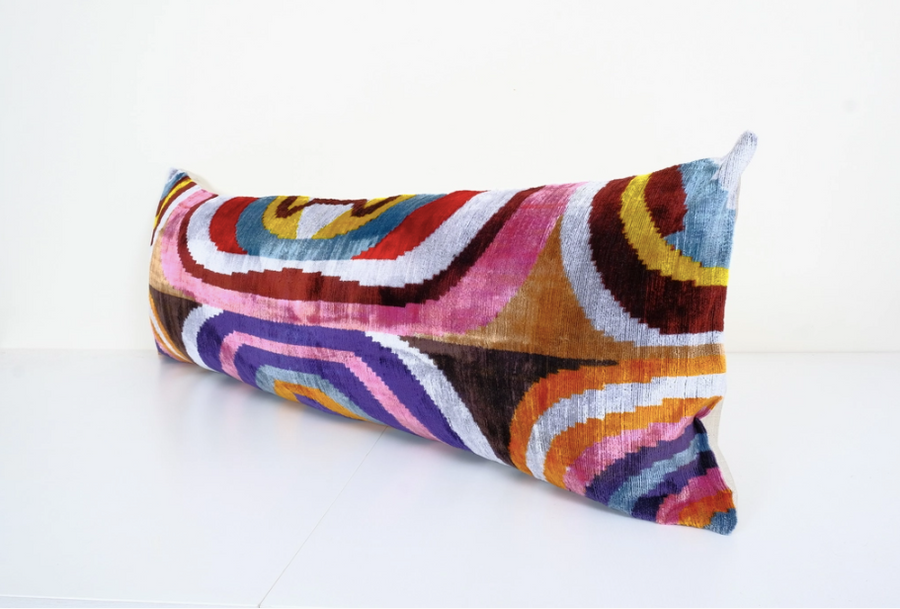 Silk Ikat Velvet Pillow, Extra Long Silk Ikat Lumbar Cushion