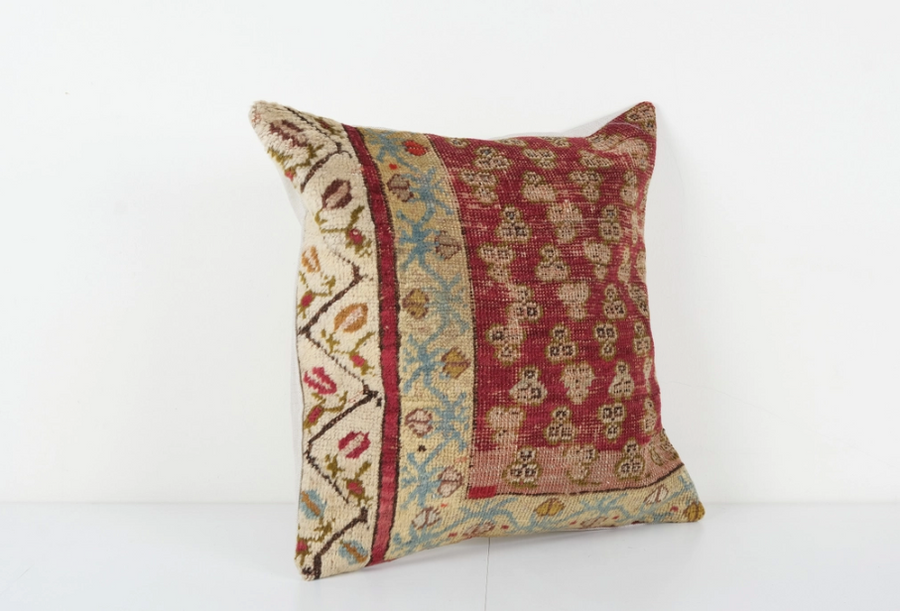 Square Brick Red and Orange Turkish Oushak Rug Pillow Cover