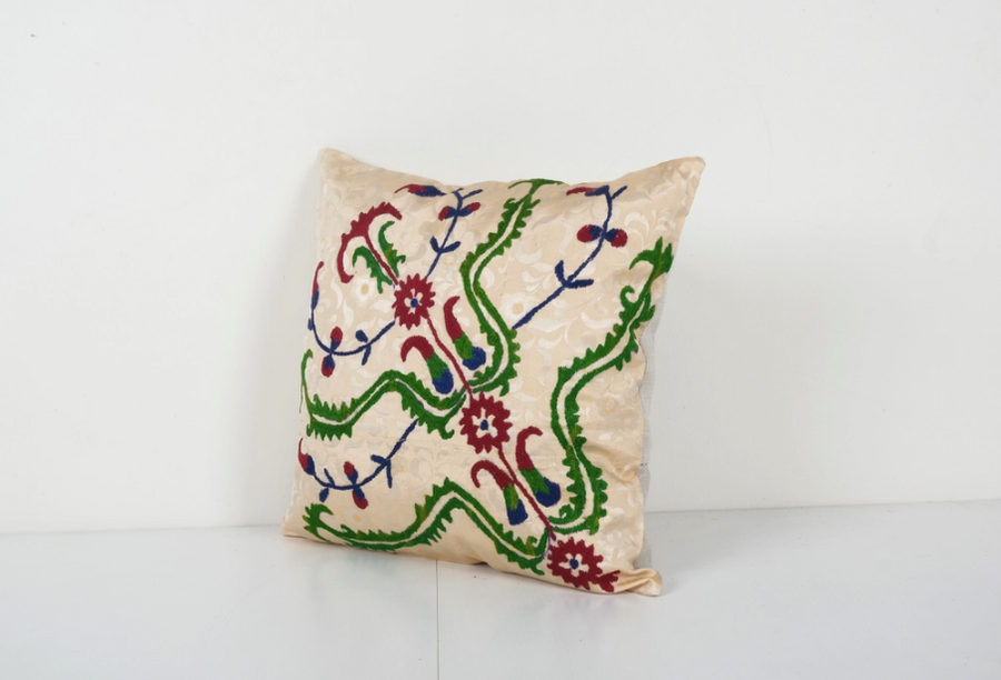 Turkish Suzani Cream Bench Cushion Cover, Suzani Square