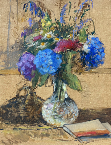 Elizabeth Hutchinson Painting - Summer flowers in cut glass with sketchbooks and gathering basket