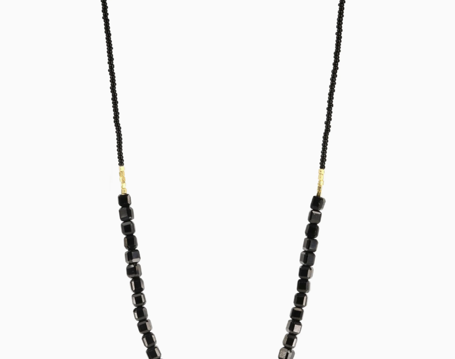 DEBBIE FISHER | Black Seed Necklace with Gold Vermeil and Black Onyx Beads in Center