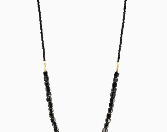 DEBBIE FISHER | Black Seed Necklace with Gold Vermeil and Black Onyx Beads in Center