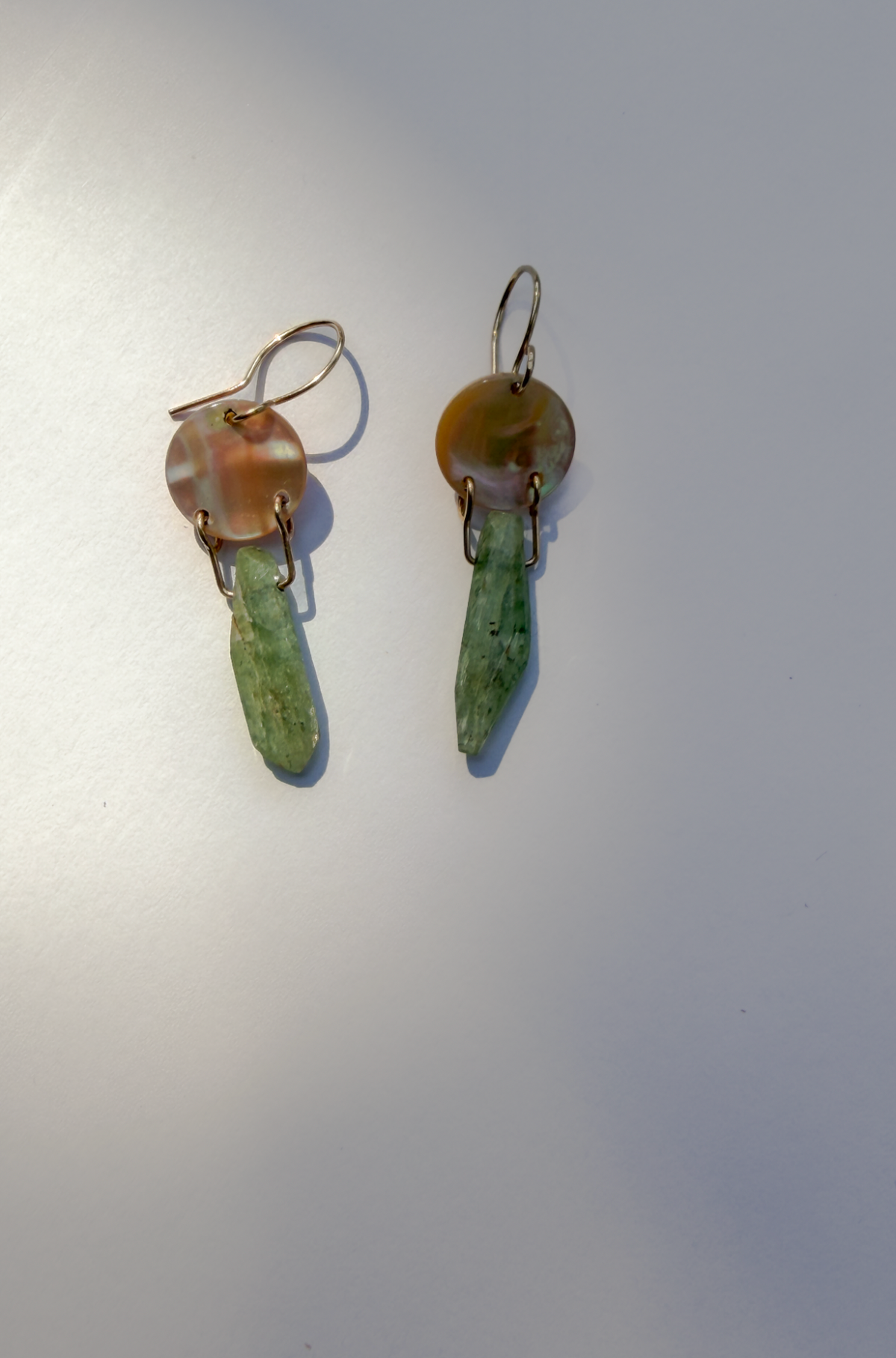 JADEWATER DESIGN | Iridescent Discs w Green Kyanite Drop Earrings