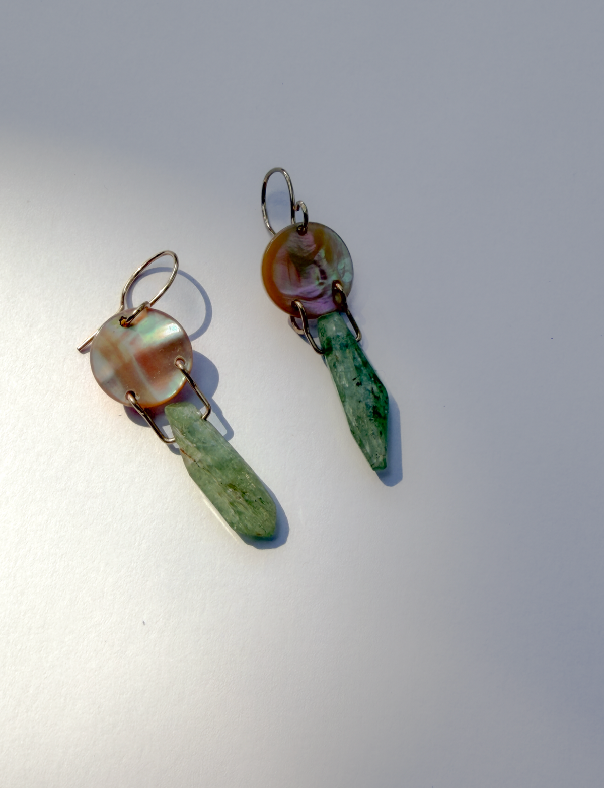 JADEWATER DESIGN | Iridescent Discs w Green Kyanite Drop Earrings