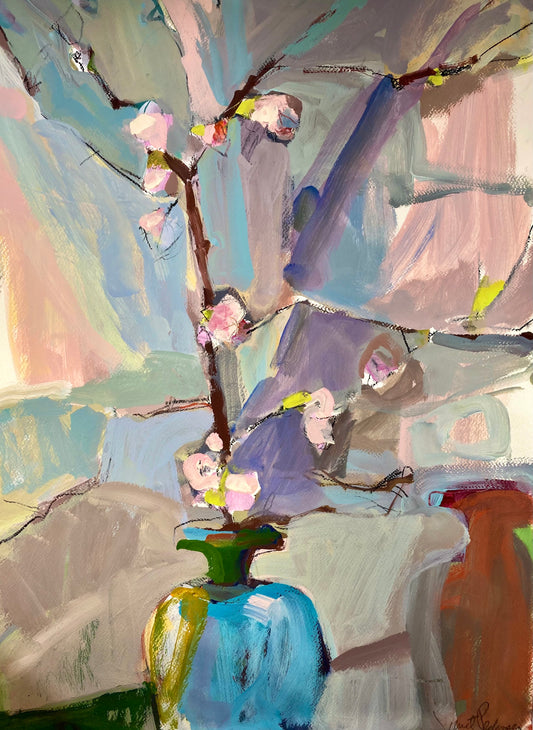 Spring Blossoms in Blue Vase, Framed by Janet Pedersen
