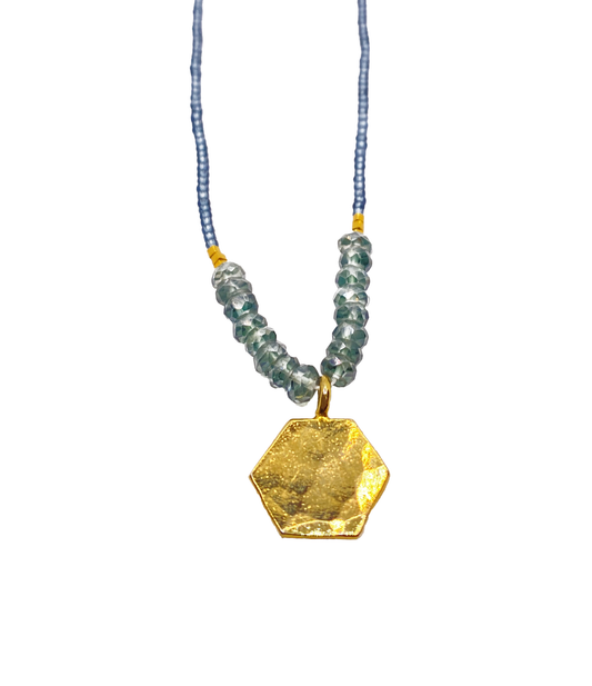 DEBBIE FISHER | Mystic Green Quartz Beads with Pyrite, Gold Vermeil, Seed Bead and Gold Vermeil Leaf Charm Necklace