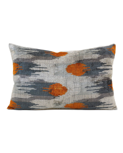 Orange and Grey Silk Ikat Velvet Pillow | 16" x 24"