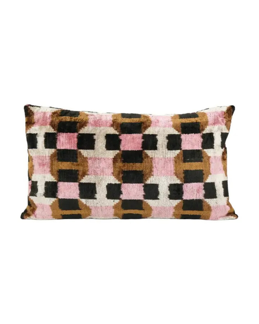 Pink and Brown Geometric Silk Ikat Pillow | 16" X 24"