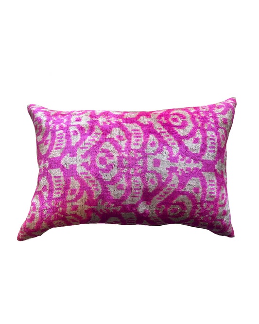 Double Sided Silk/Ikat pillow | Pink and White, Multicolor backing