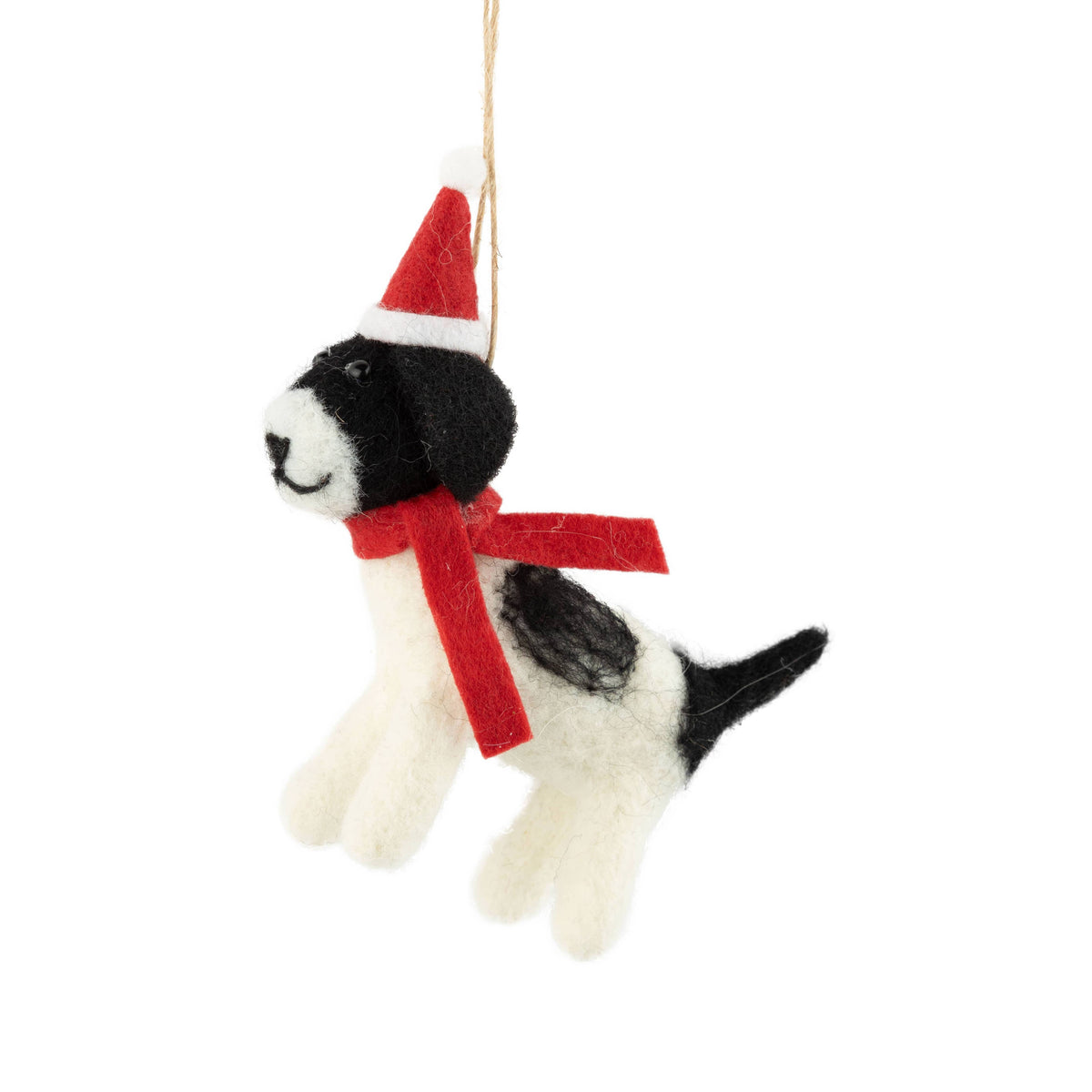 A22438:Felt white/black dog orn, Santa hat/scarf, 4.25 in