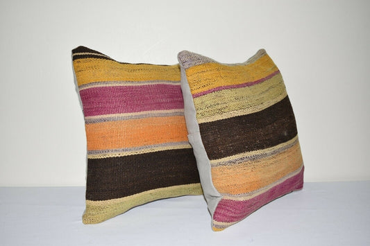 16" X 16" Set of Two Striped Turkish Kilim Pillow Cover